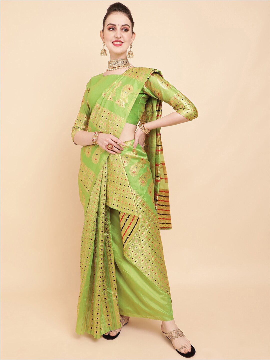 

Sangria Ethnic Motif Woven Design Asamese Mekhela Chador Saree, Olive