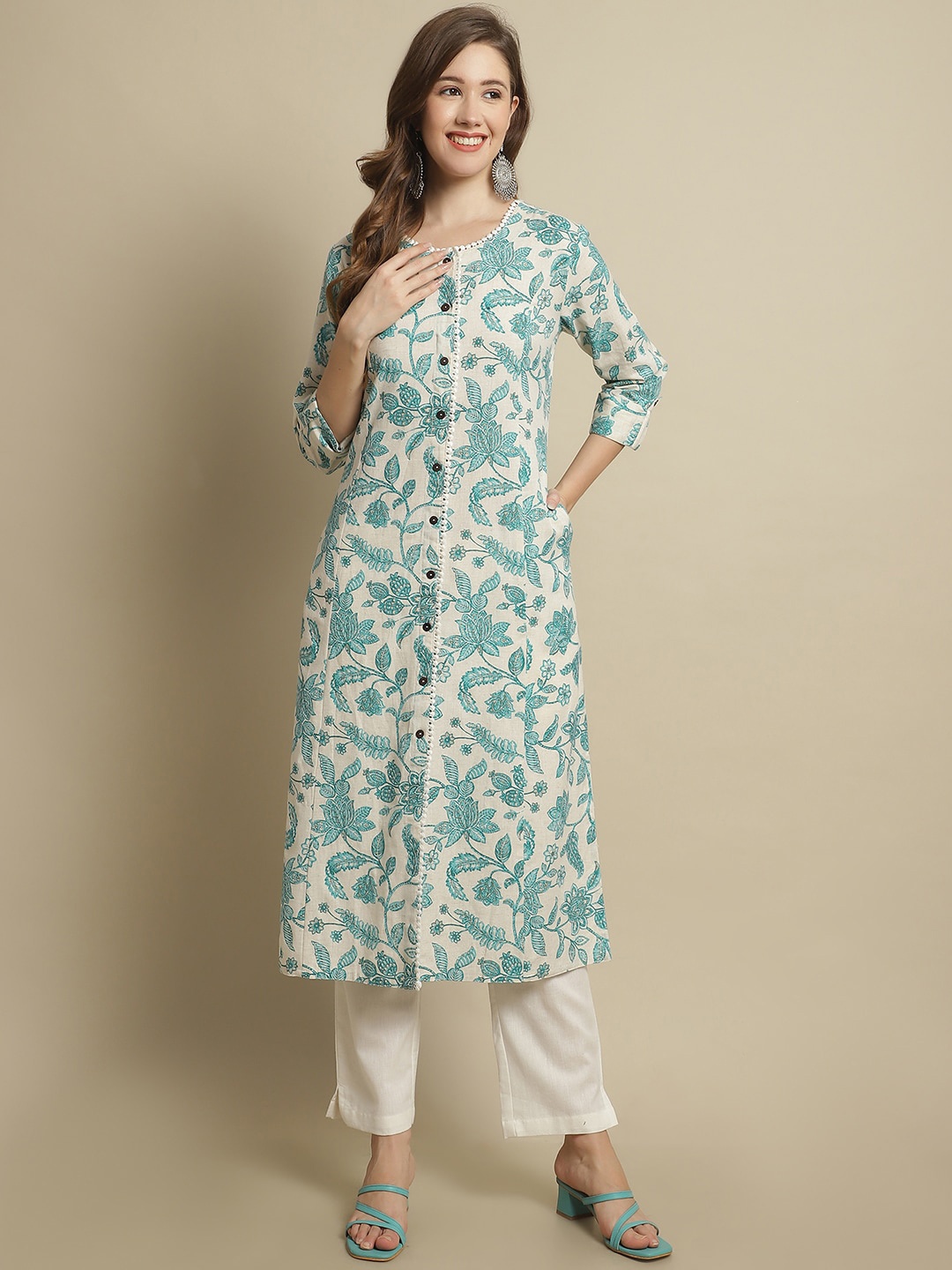 Pistaa Floral Printed A-Line Pure Cotton Kurta, Green