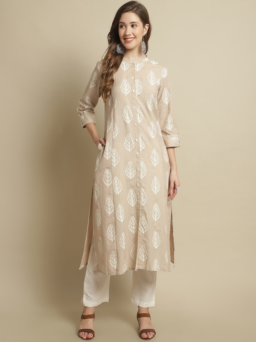 Pistaa Floral Printed A-Line Pure Cotton Kurta, Beige