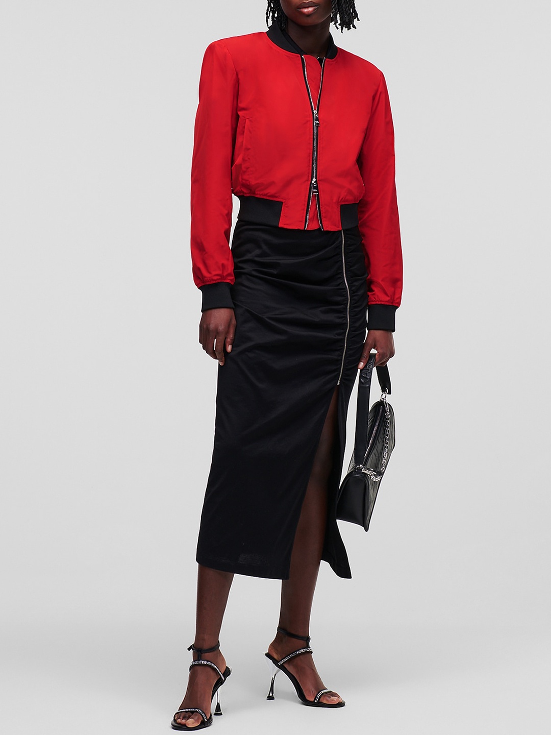 

Karl Lagerfeld Women Mandarin Collar Crop Bomber Jacket With Shoulder Pads, Red