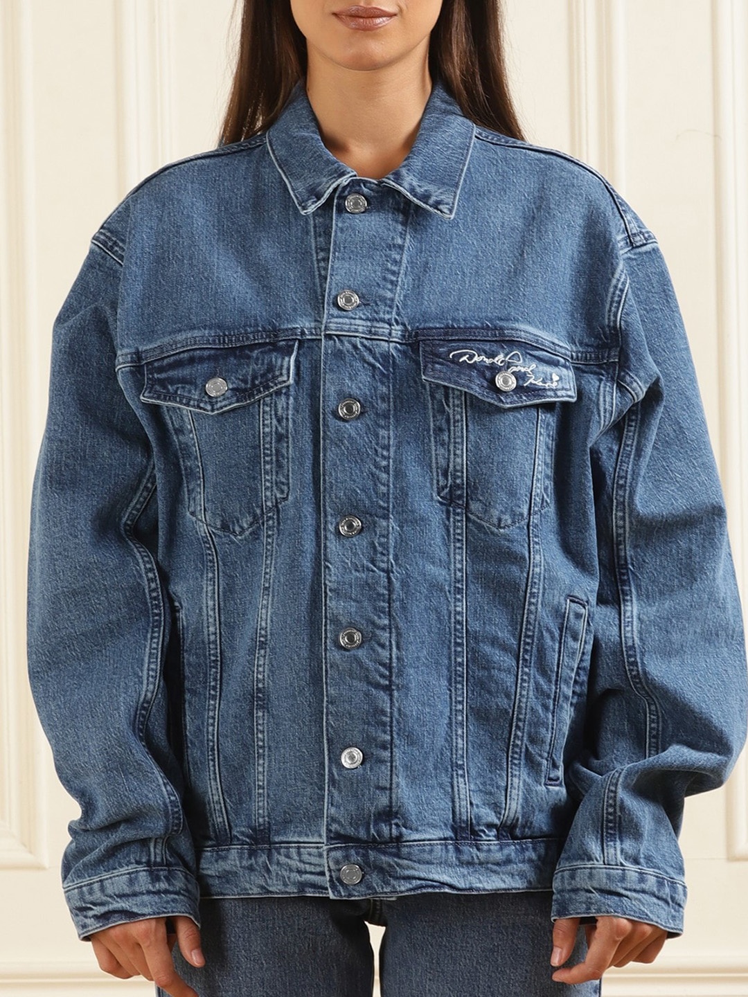 

Karl Lagerfeld Women Washed Denim Jacket with Embroidered, Blue