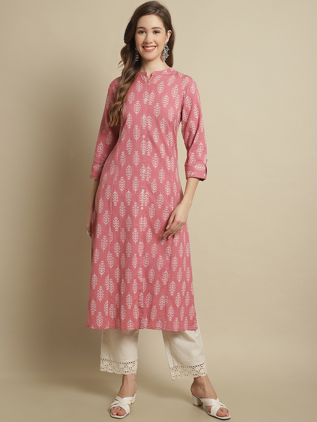 

Pistaa Ethnic Motifs Printed Mandarin Collar A-Line Cotton Kurta, Pink