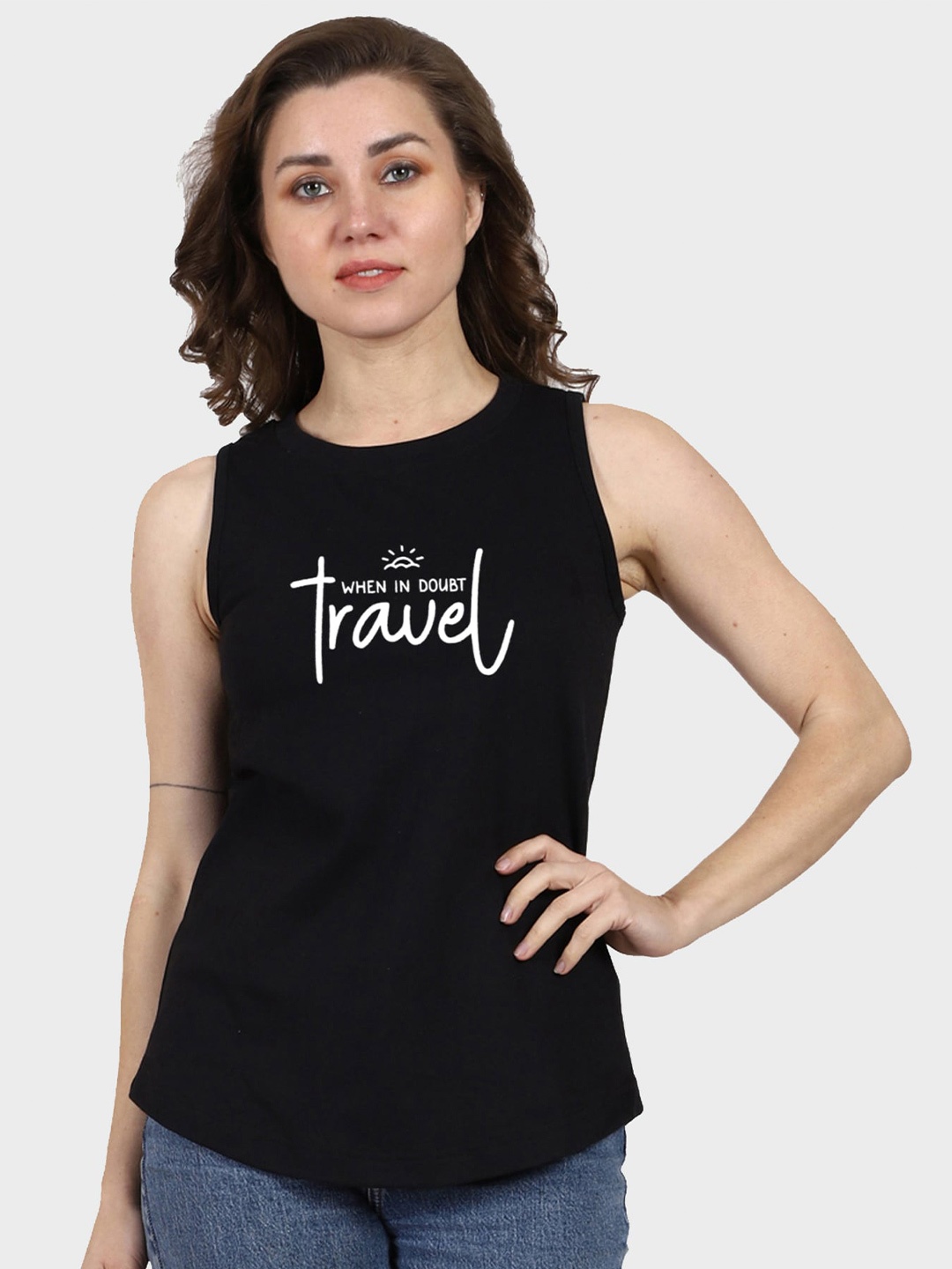 

T-SHIRT TRUCK Typography Printed Sleeveless Cotton T-shirt 470A, Black