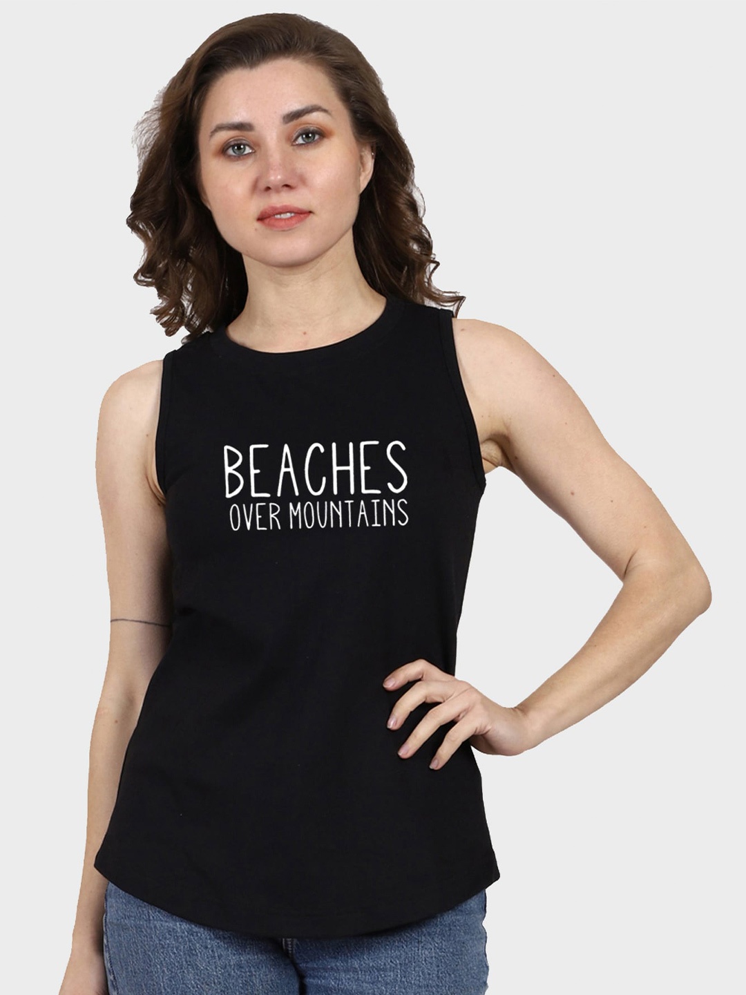 

T-SHIRT TRUCK Typography Printed Sleeveless Cotton T-shirt, Black