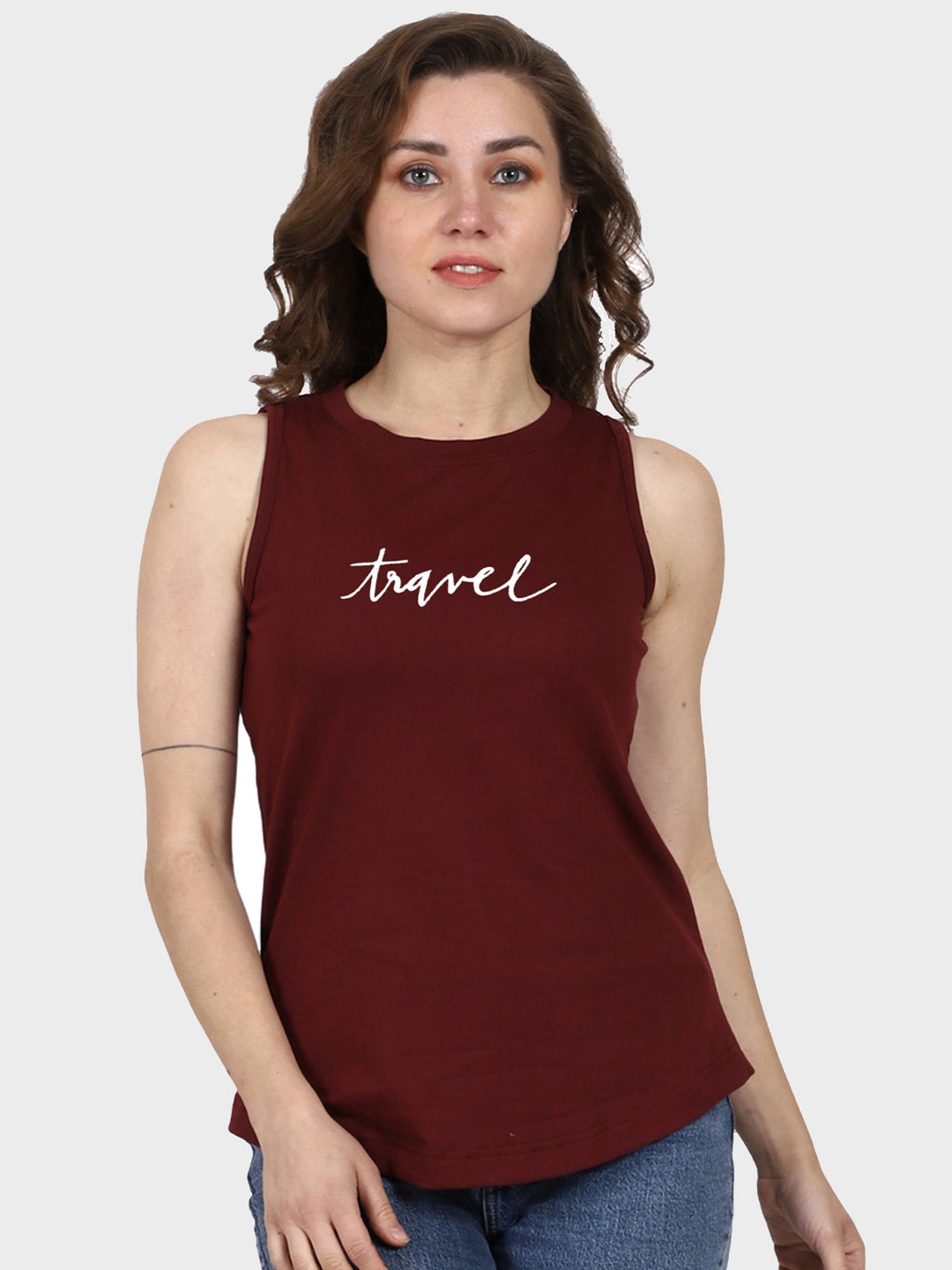T-SHIRT TRUCK Typography Printed Sleeveless Cotton T-shirt, Maroon