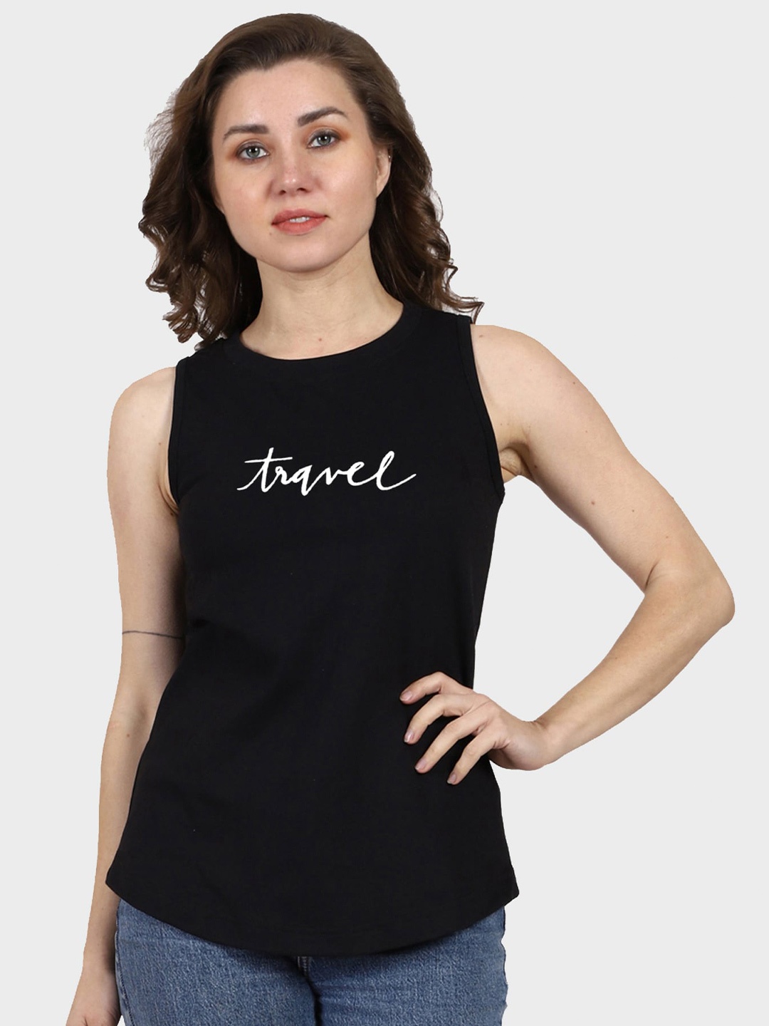 

T-SHIRT TRUCK Typography Printed Sleeveless Cotton T-shirt, Black