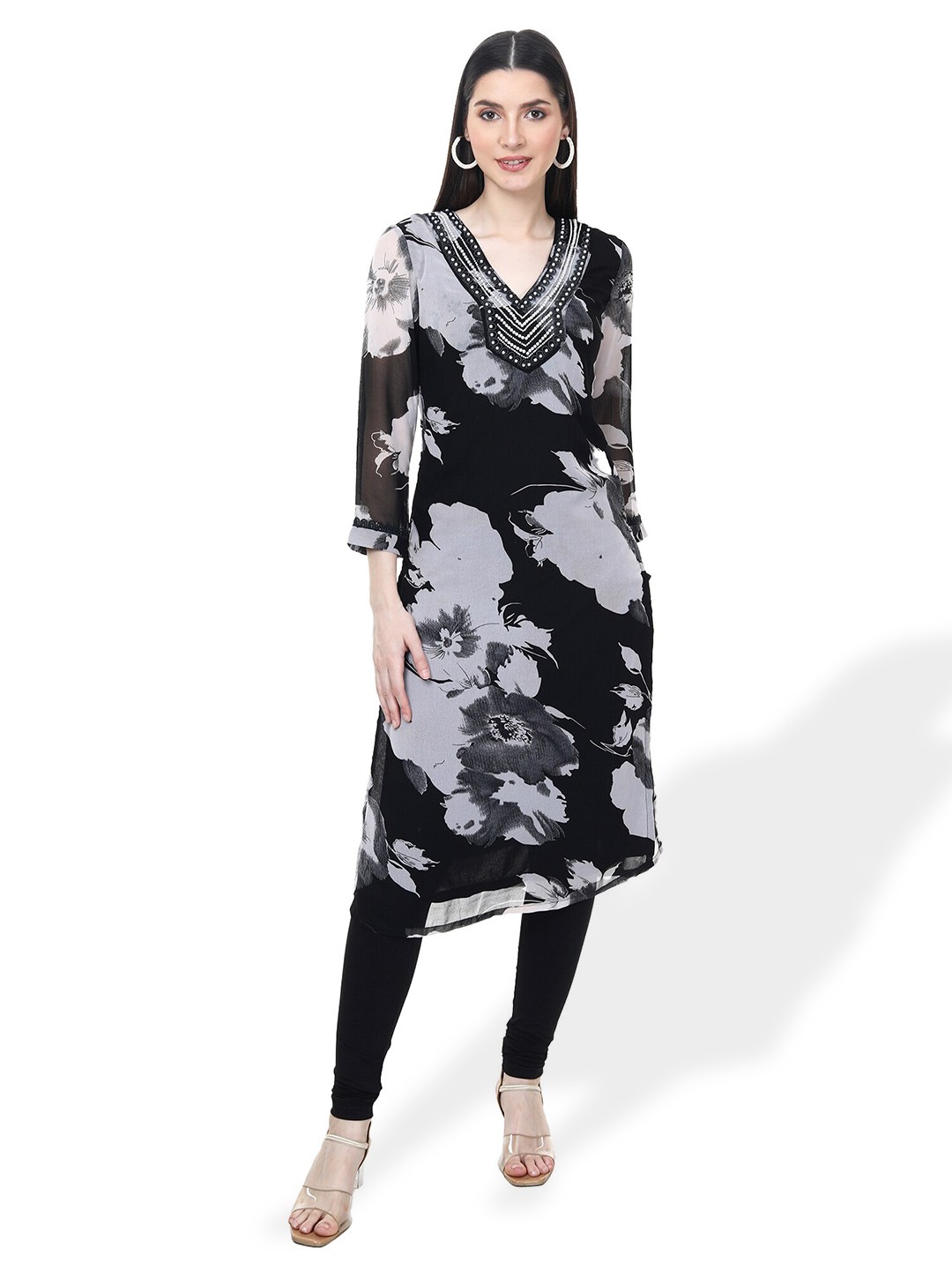 

TSM Floral Printed V-Neck Pure Georgette Kurta, Black
