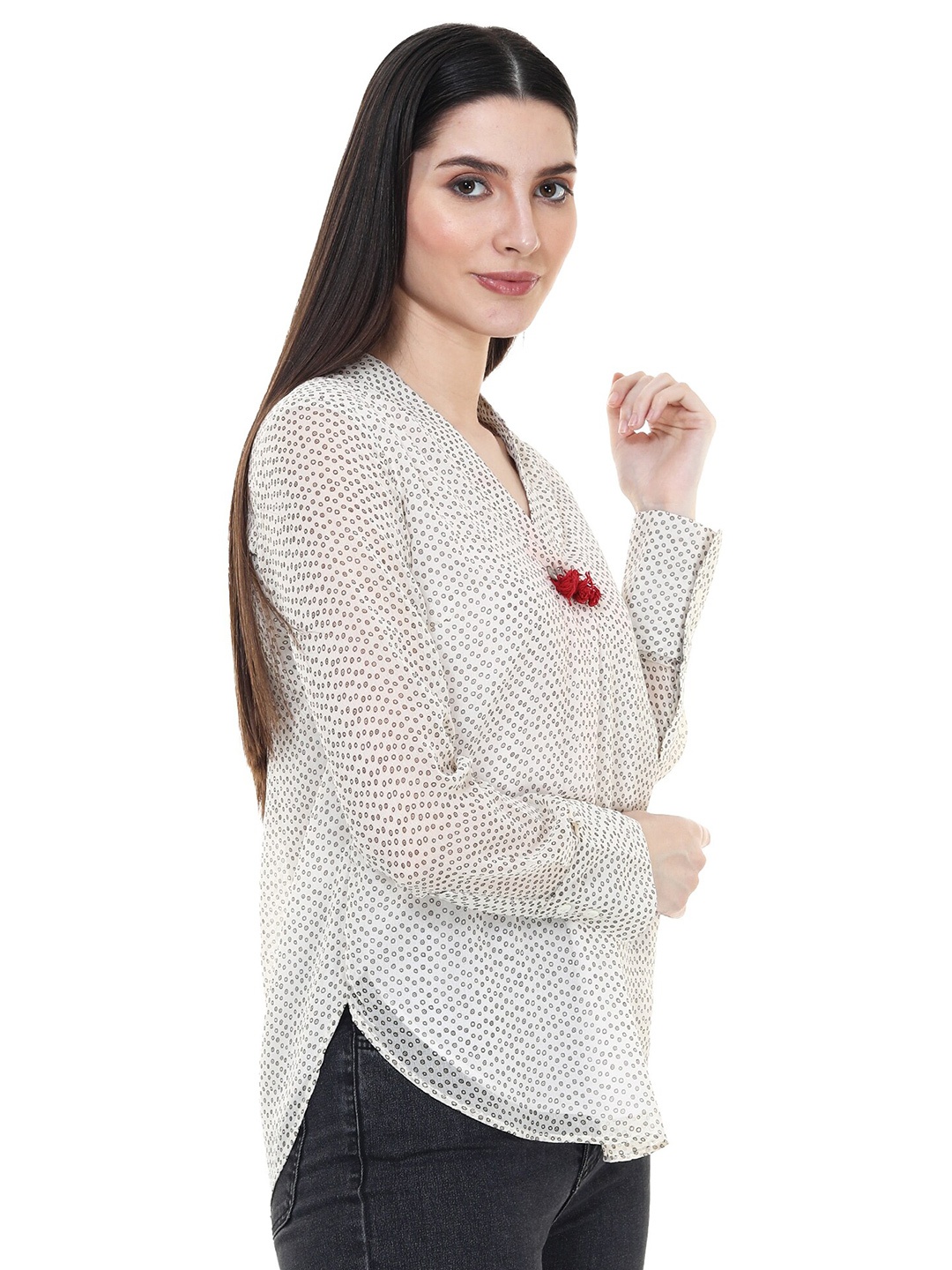

TSM Polka Dot Printed V-Neck Pure Georgette Kurti, Beige