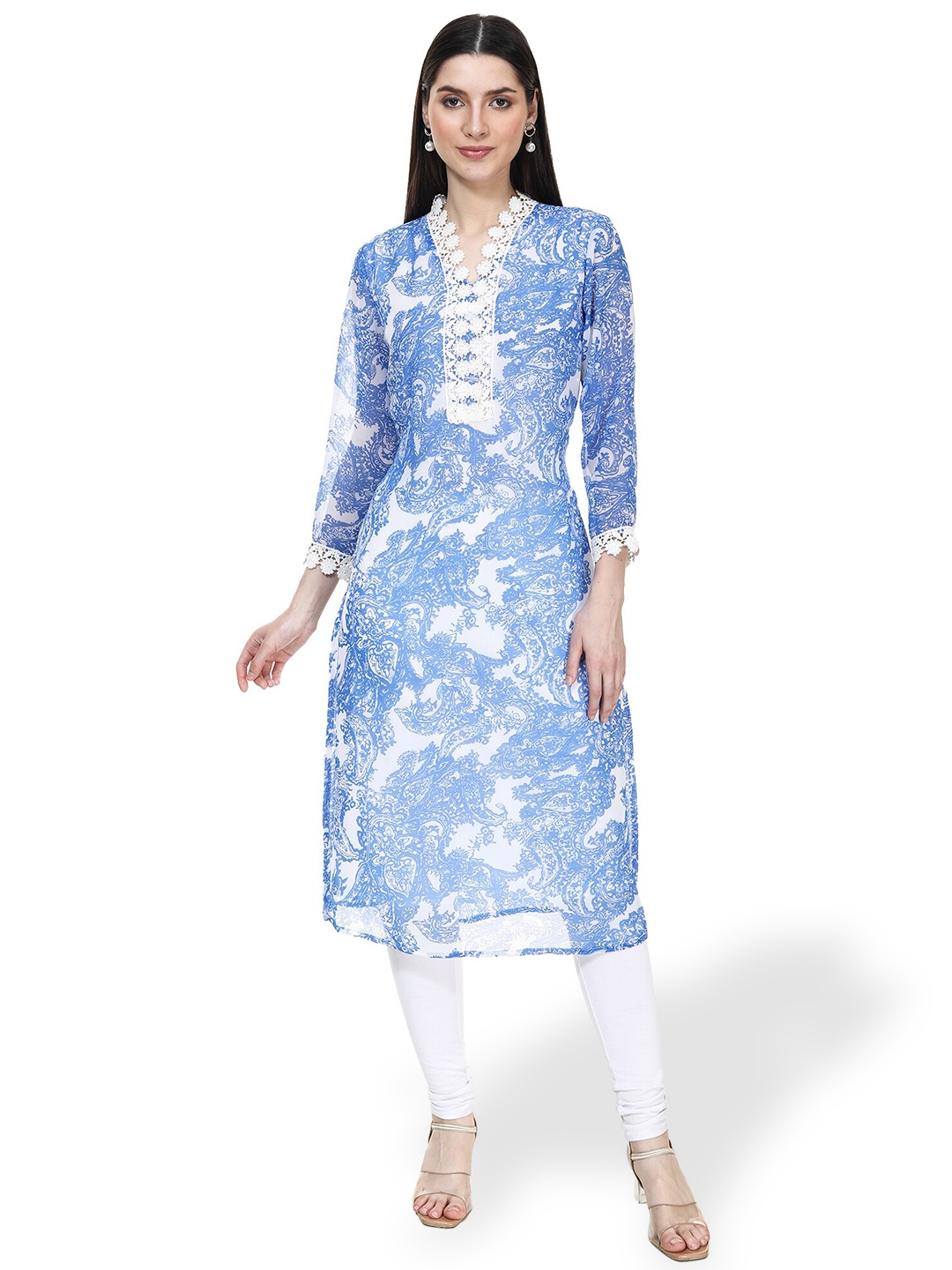 

TSM Abstract Printed Georgette Straight Kurta, White