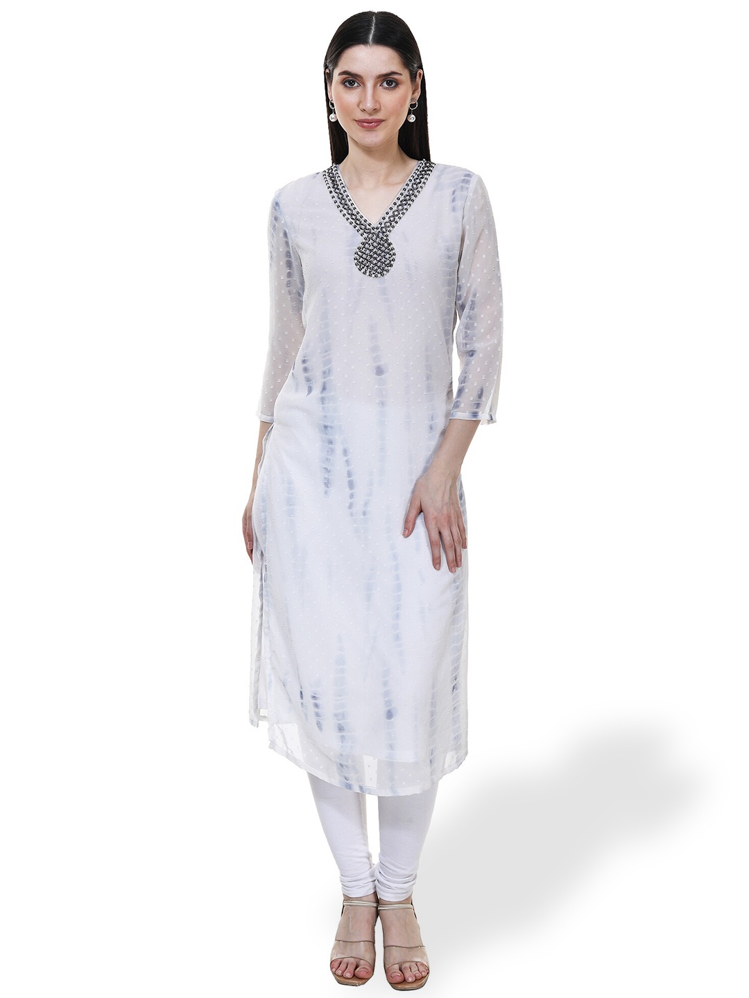 

TSM V-Neck Tie & Dye Bead Work Georgette Kurta, White