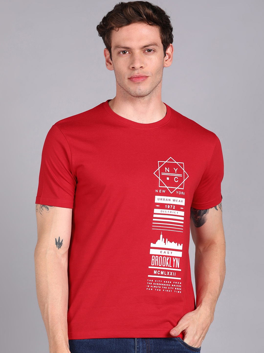 

Urbano Fashion Typography Printed Bio Finish Slim Fit Pure Cotton T-shirt, Red
