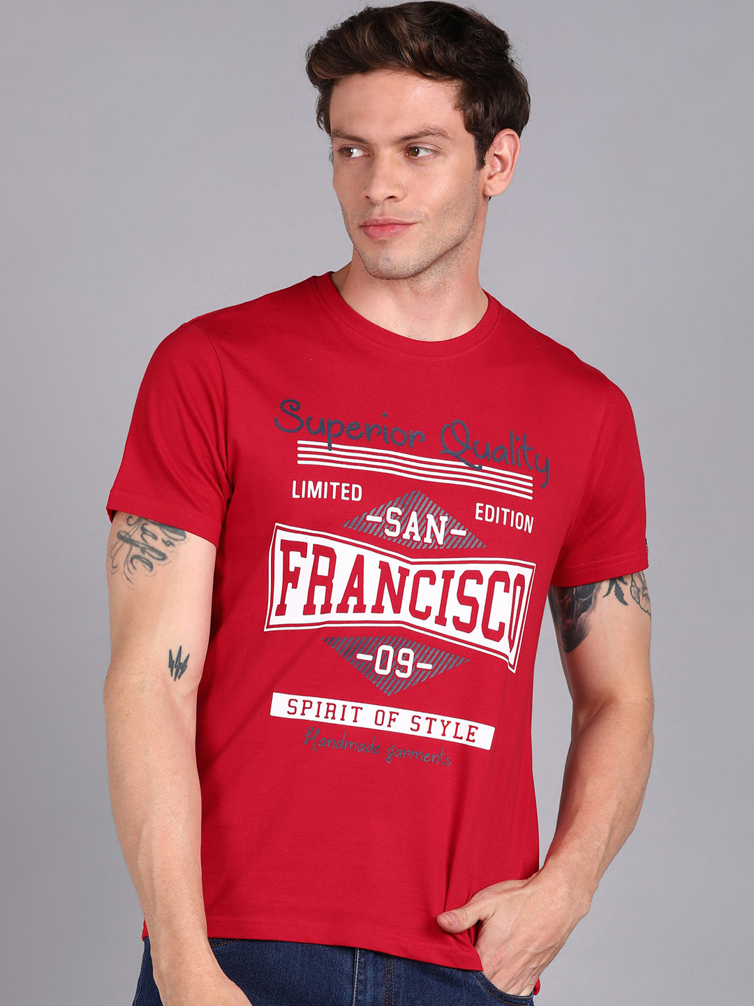 

Urbano Fashion Typography Printed Bio Finish Slim Fit Pure Cotton T-shirt, Red