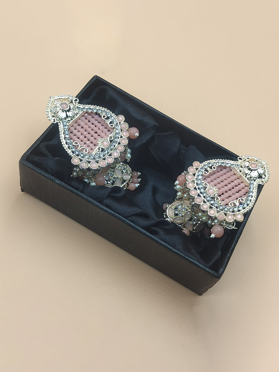 

Rhymee Gold-Plated Contemporary Kundan Studded And Beaded Jhumkas