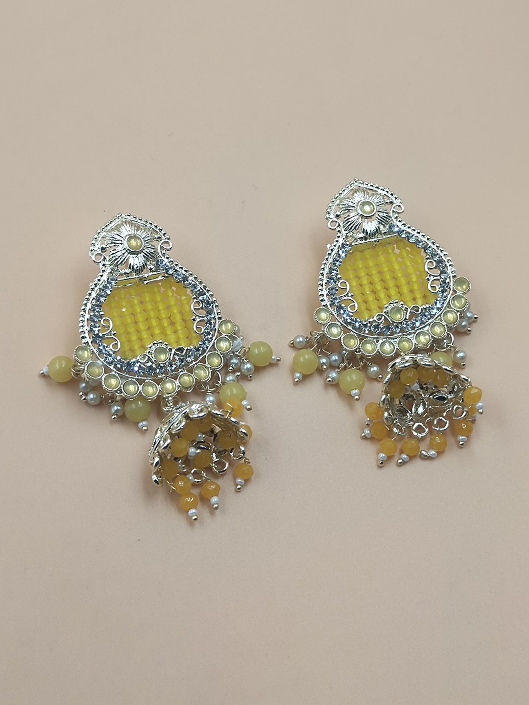 

Rhymee Gold-Plated Contemporary Kundan Studded And Beaded Jhumkas
