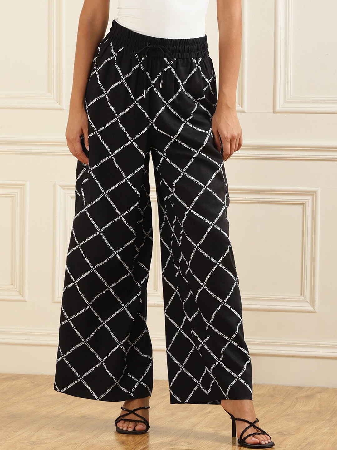 

Karl Lagerfeld Women Mid Rise Plain Checked Linen Trousers, Black