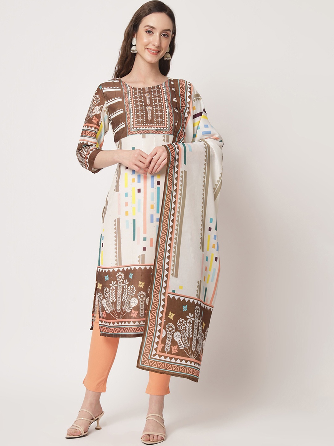 

Shopping Queen Ethnic Motifs Printed Sequined Kurta with Trousers & Dupatta, Off white