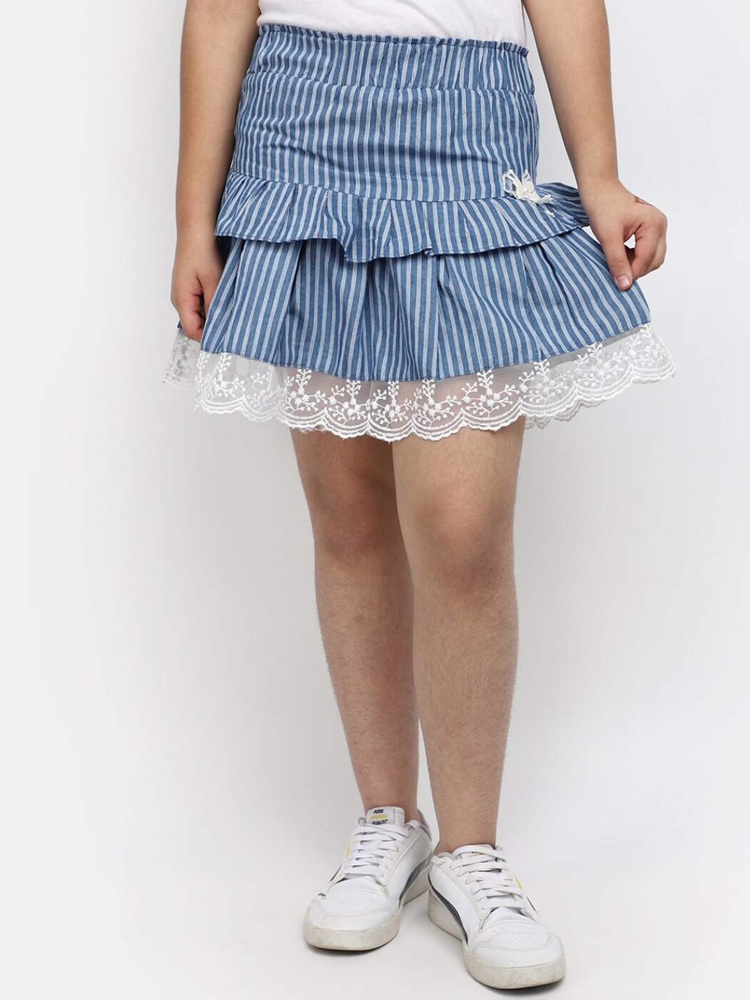 

V-Mart Girls Striped Denim Flared Skirt, Blue