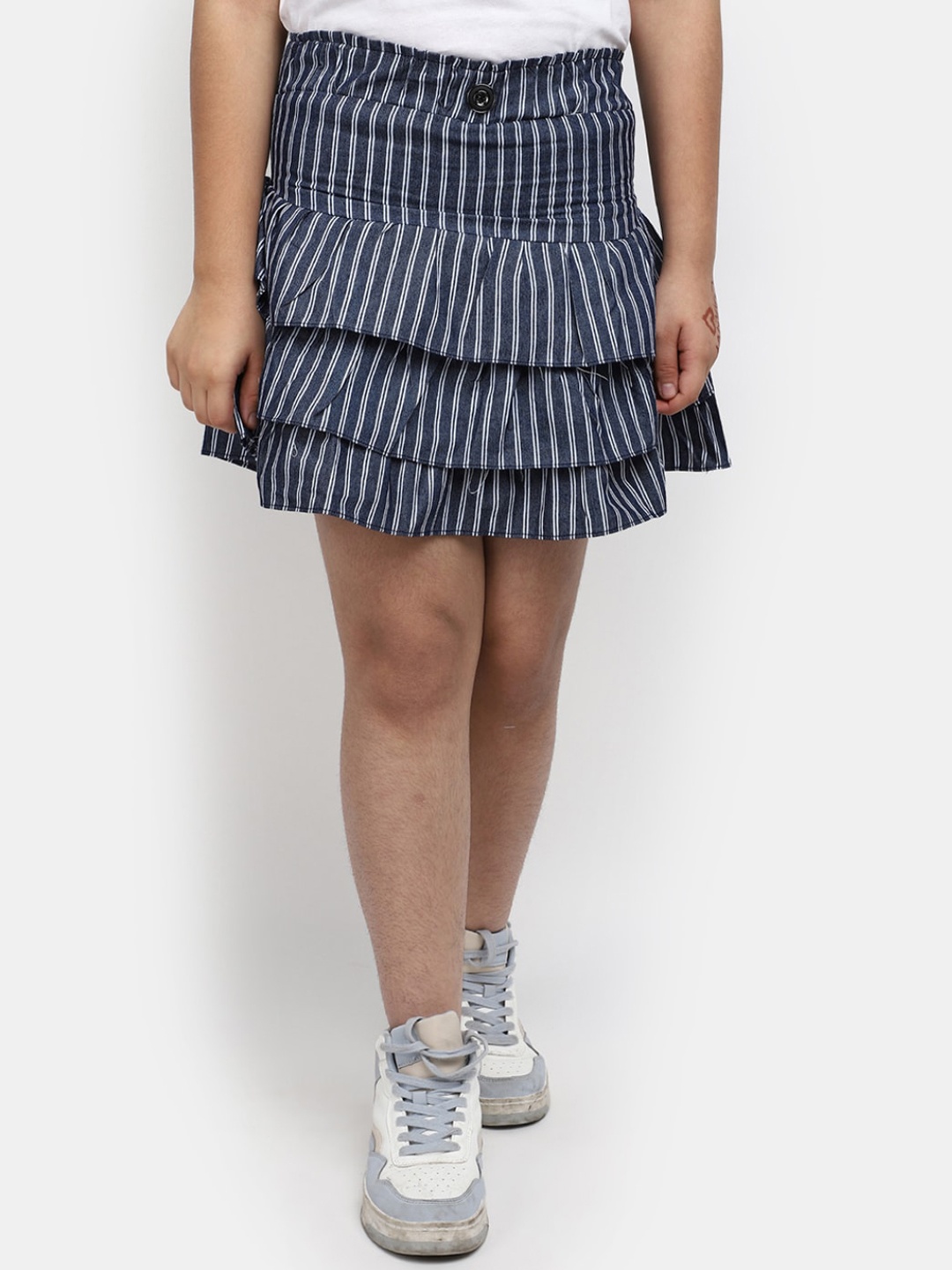 

V-Mart Girls Striped Denim Flared Skirt, Blue