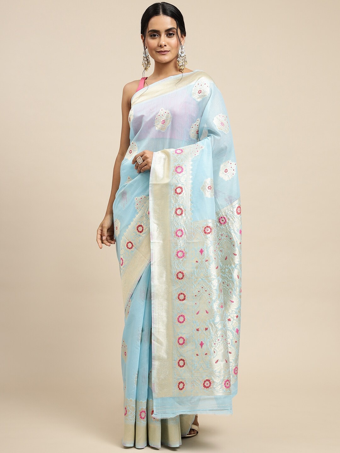 

AVANTIKA FASHION Ethnic Motif Zari Linen Blend Kanjeevaram Saree, Turquoise blue