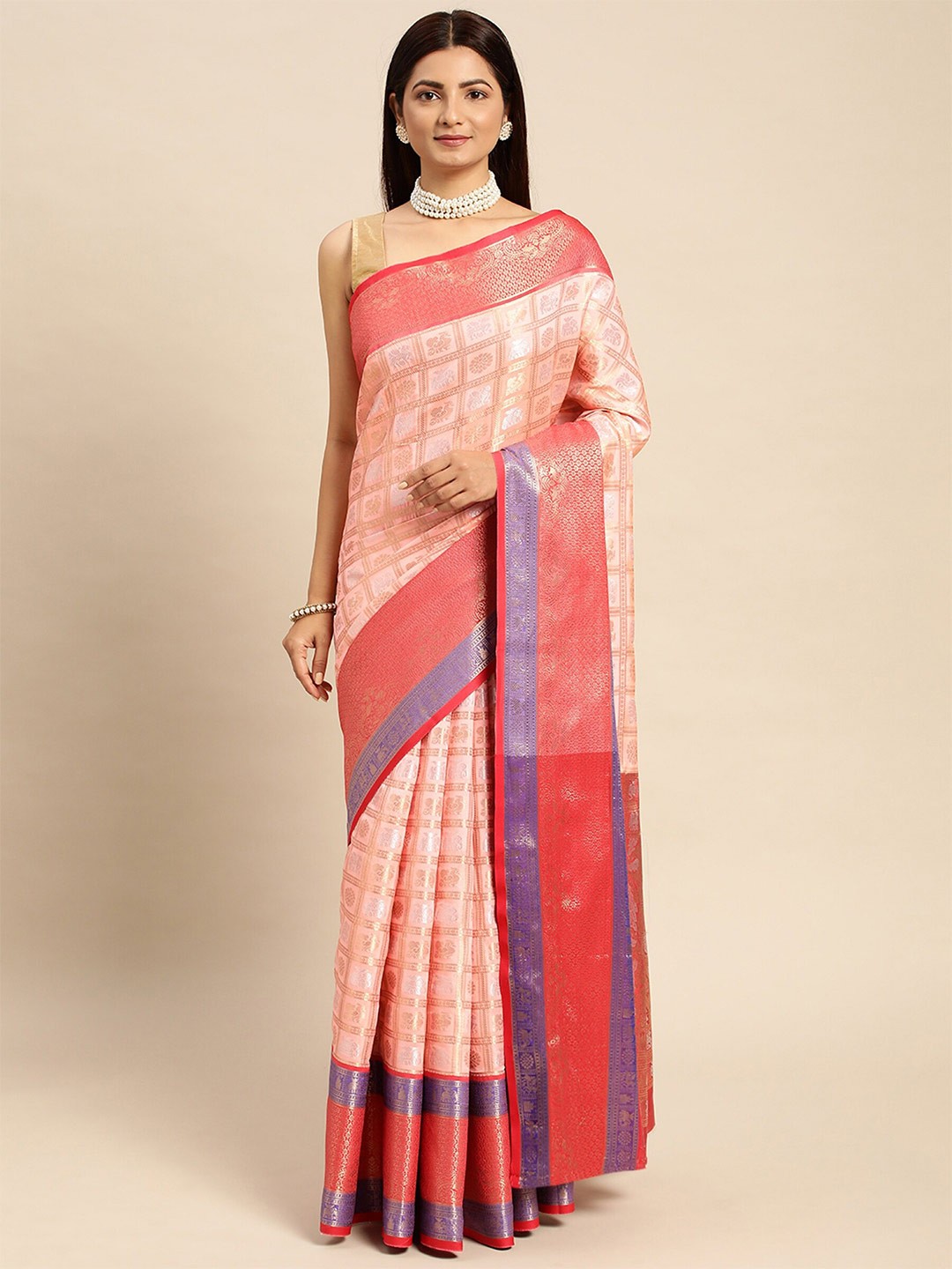 

AVANTIKA FASHION Ethnic Motif Zari Pure Silk Kanjeevaram Saree, Peach