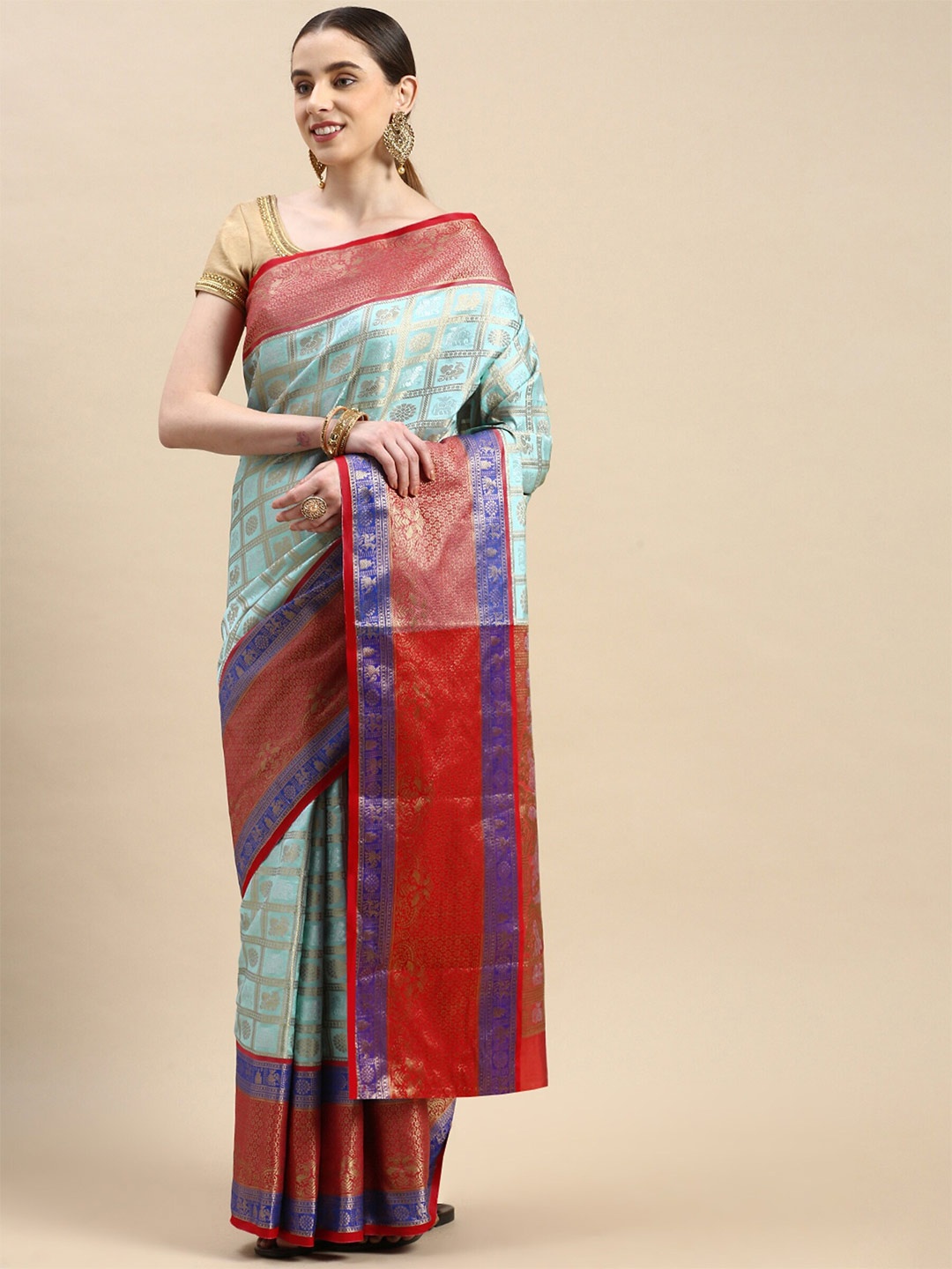 

AVANTIKA FASHION Ethnic Motif Zari Pure Silk Kanjeevaram Saree, Turquoise blue