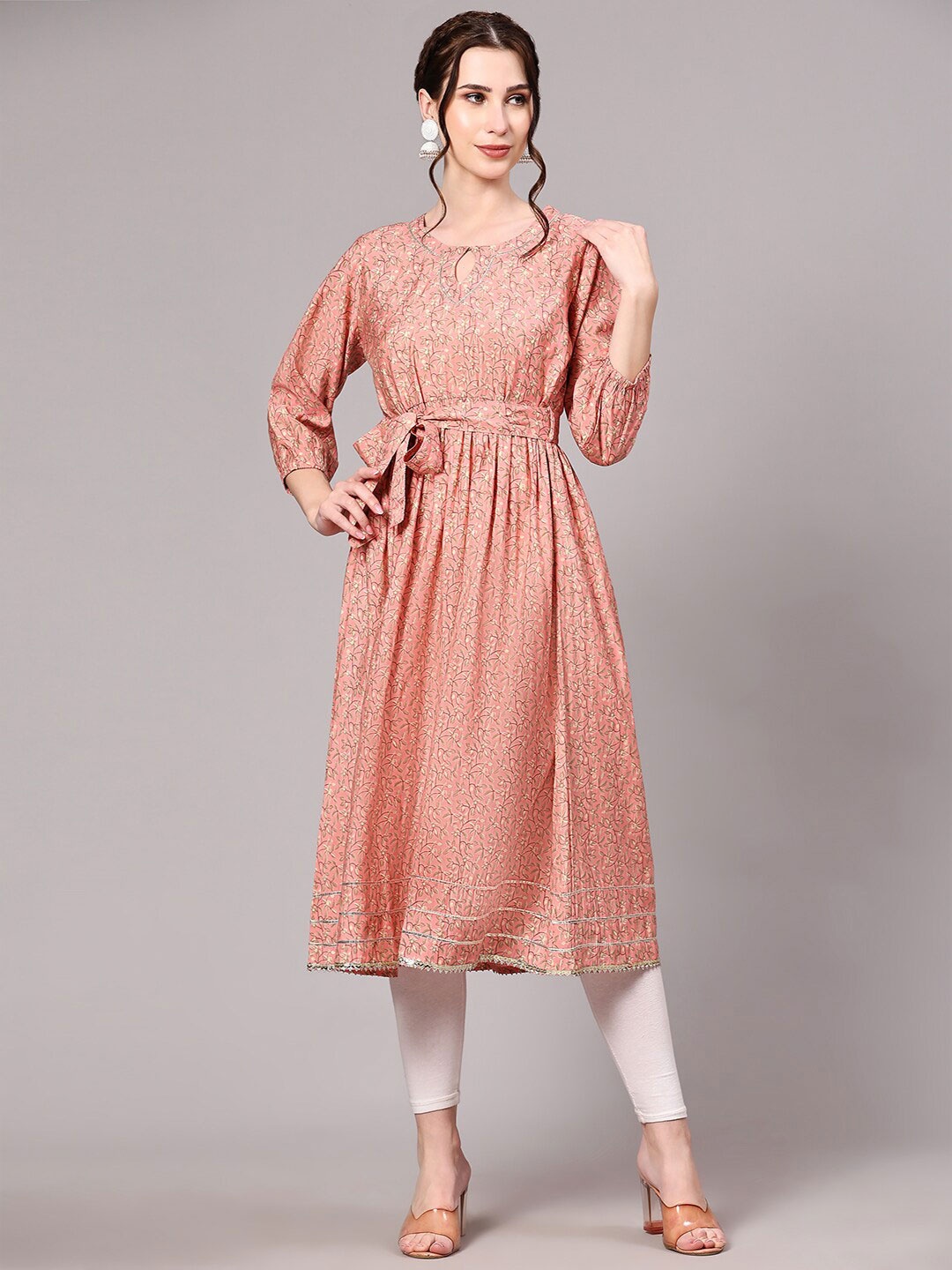 

V TRADITION Floral Printed Pleated A-Line Kurta, Peach