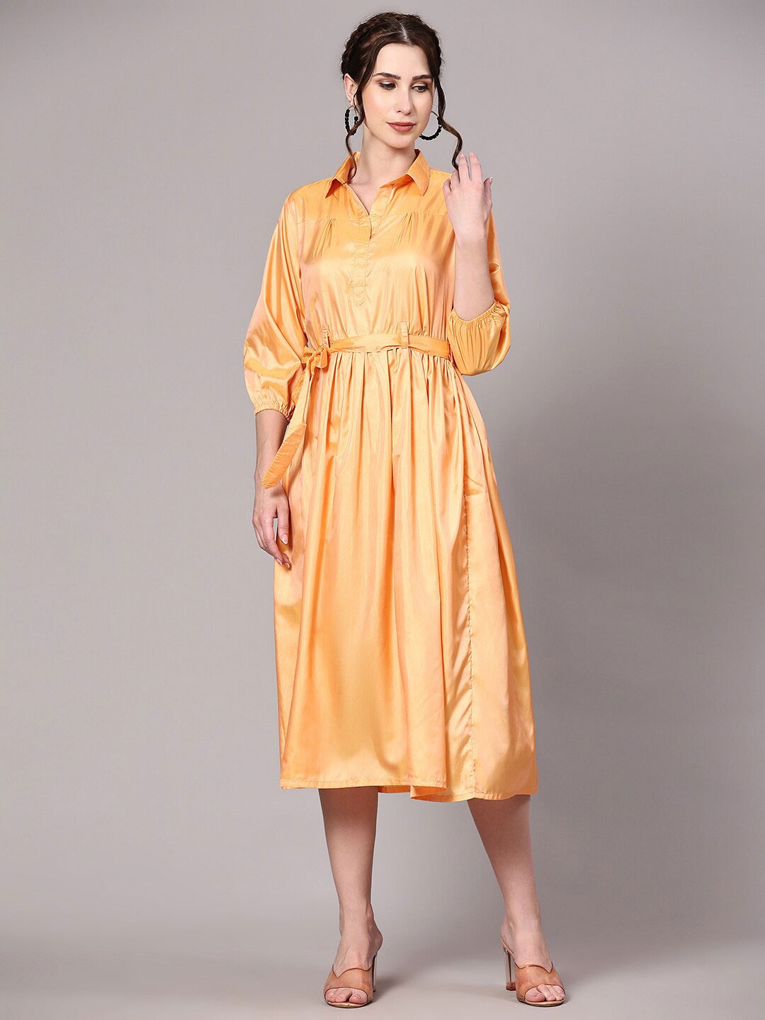 

V TRADITION Shirt Collar Fit & Flare Midi Dress With Belt, Orange