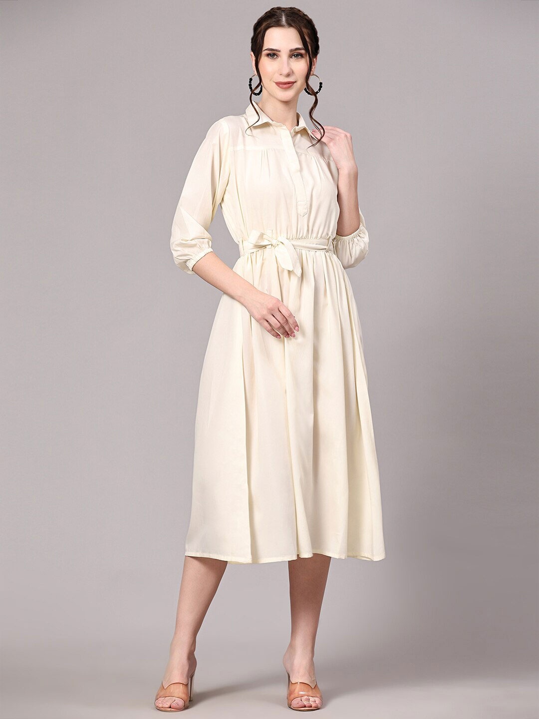 

V TRADITION Shirt Collar Puff Sleeves Shirt Midi Dress, White