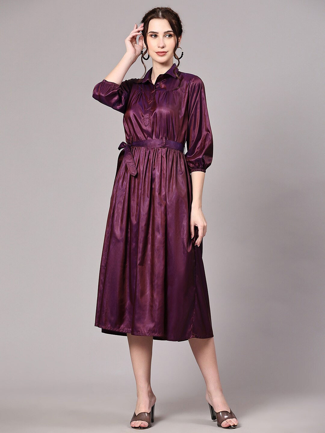 

V TRADITION Shirt Collar A-Line Midi Dress With Belt, Purple