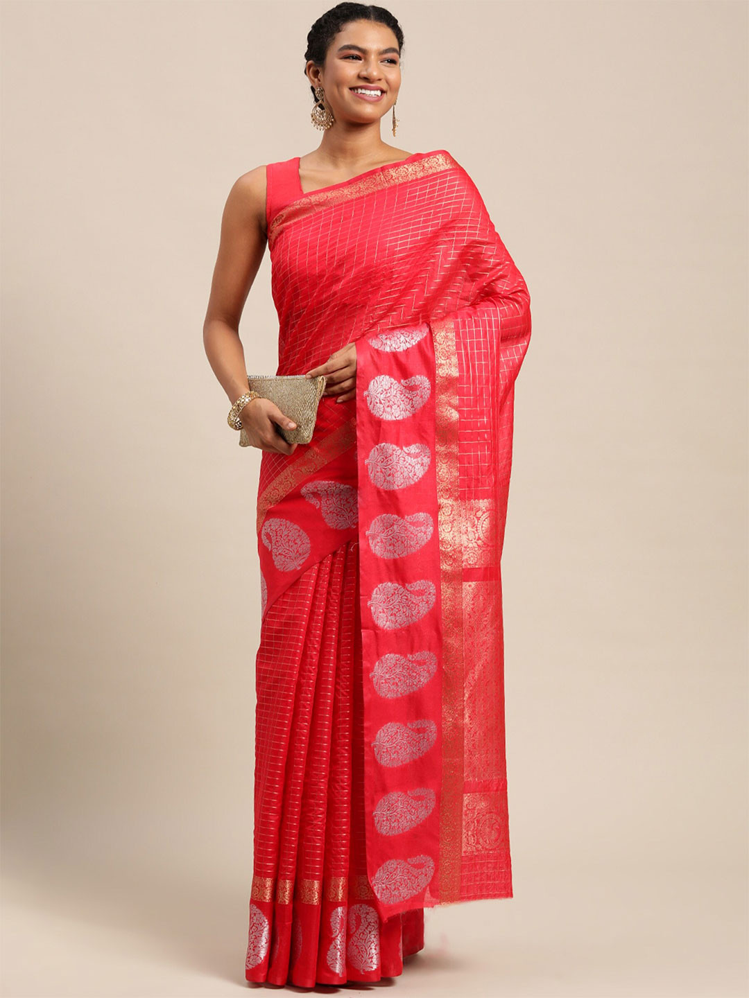 

AVANTIKA FASHION Checked Zari Pure Silk Kanjeevaram Saree, Red