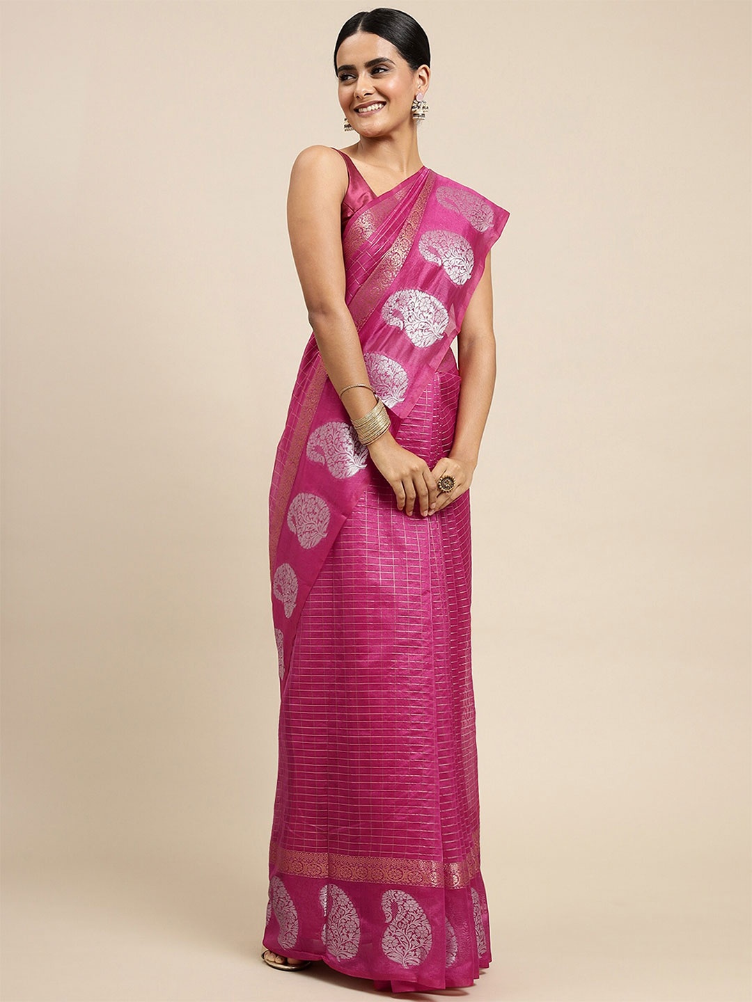 

AVANTIKA FASHION Checked Zari Pure Silk Kanjeevaram Saree, Pink