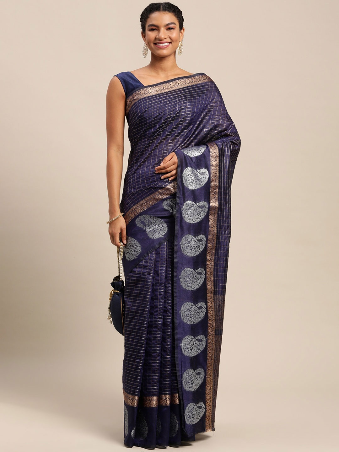 

AVANTIKA FASHION Checked Zari Pure Silk Kanjeevaram Saree, Blue