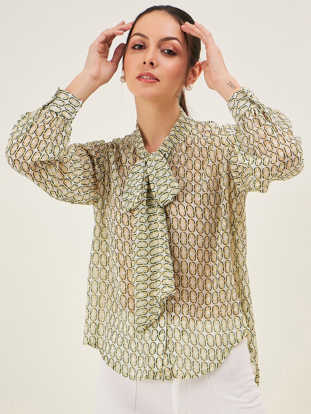 

JUNE & HARRY Comfort Printed Puff Sleeves Shirt, Green