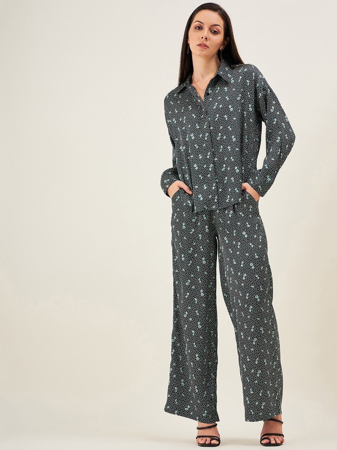 

JUNE & HARRY Comfort Floral Printed Casual Satin Shirt, Black