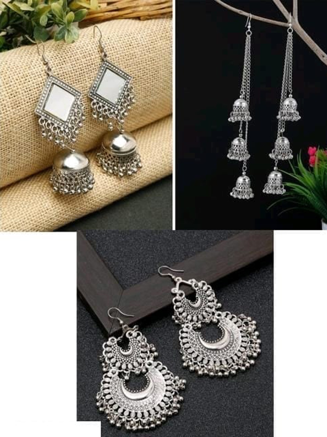 

Samridhi DC Set Of 3 Silver-Plated Oxidised Contemporary Earrings