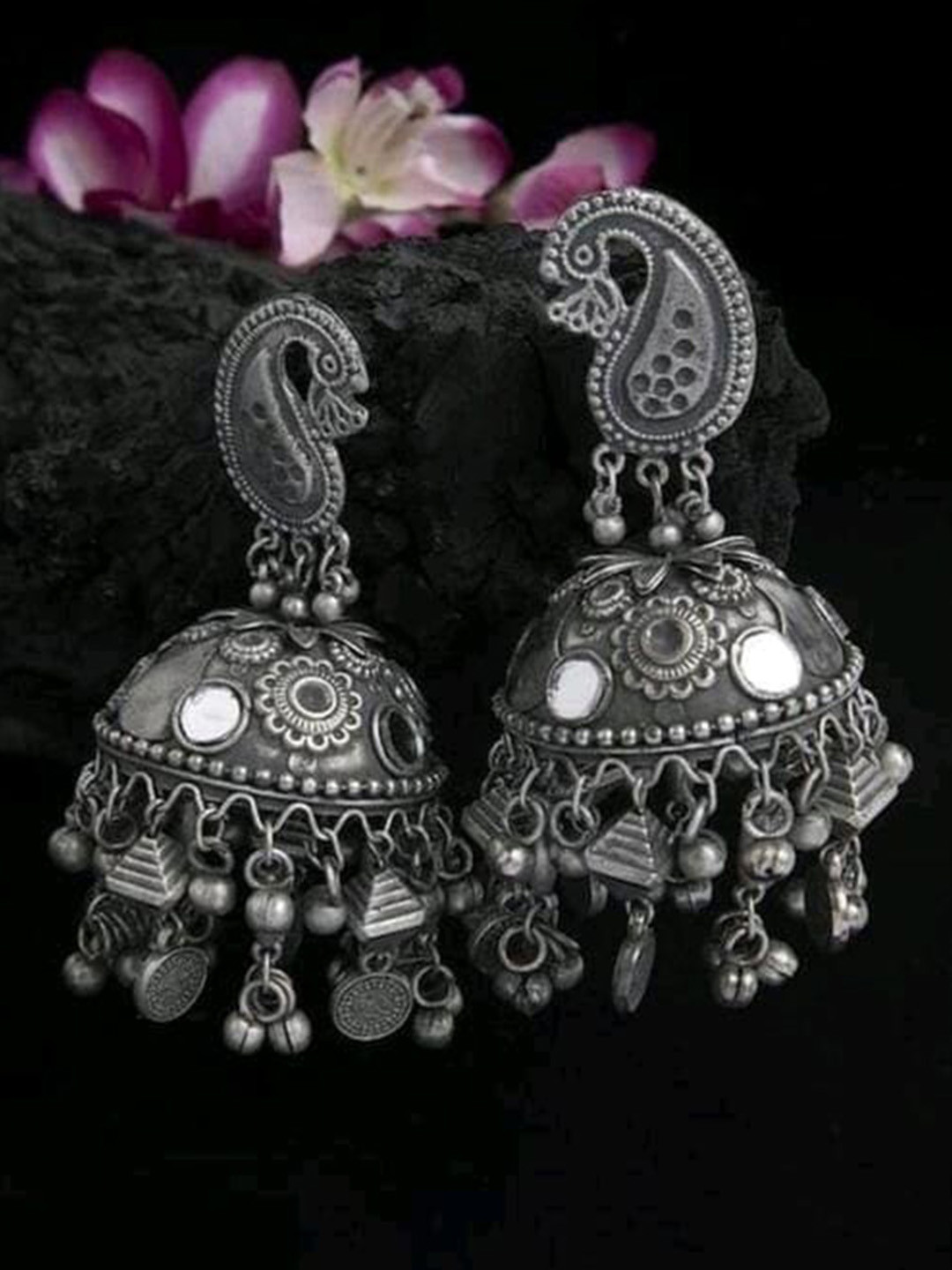 

Samridhi DC Silver-Plated Oxidised Dome Shaped Jhumkas Earrings