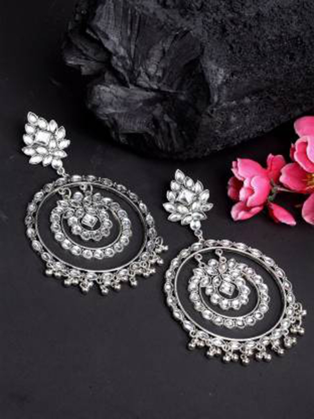 

Samridhi DC Silver-Plated Oxidised Contemporary Chandbalis Earrings