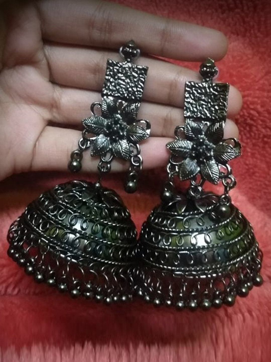 

Samridhi DC Silver-Plated Dome Shaped Oxidised Jhumkas