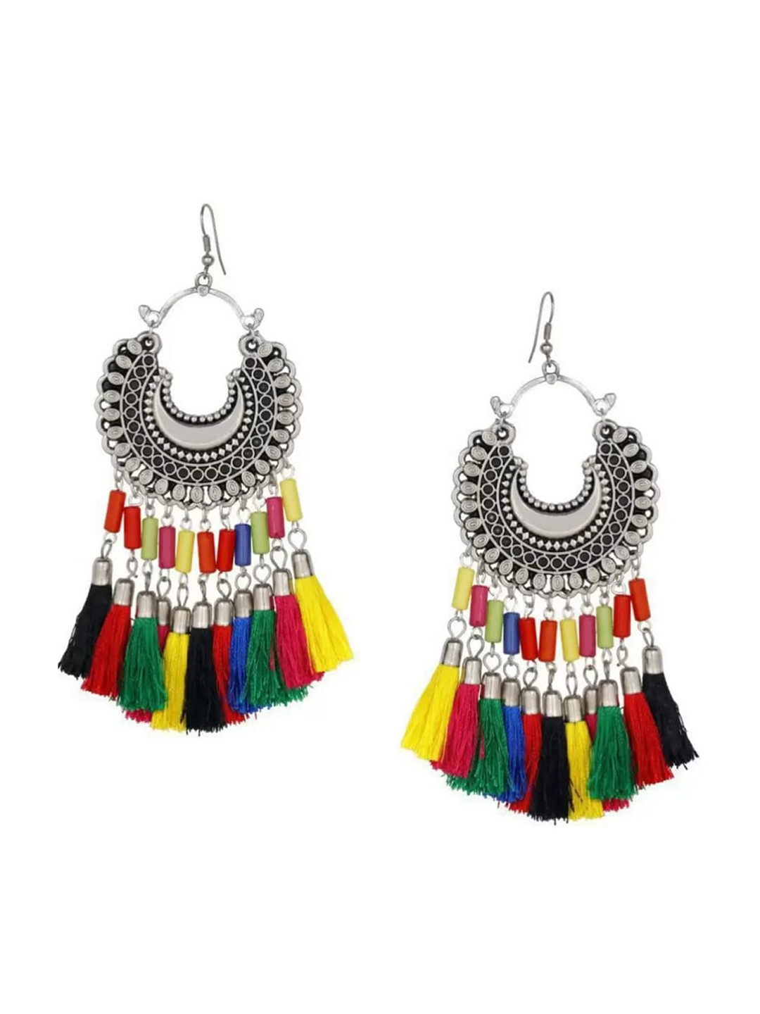 

Samridhi DC Silver-Plated Oxidised Contemporary Chandbalis Earrings