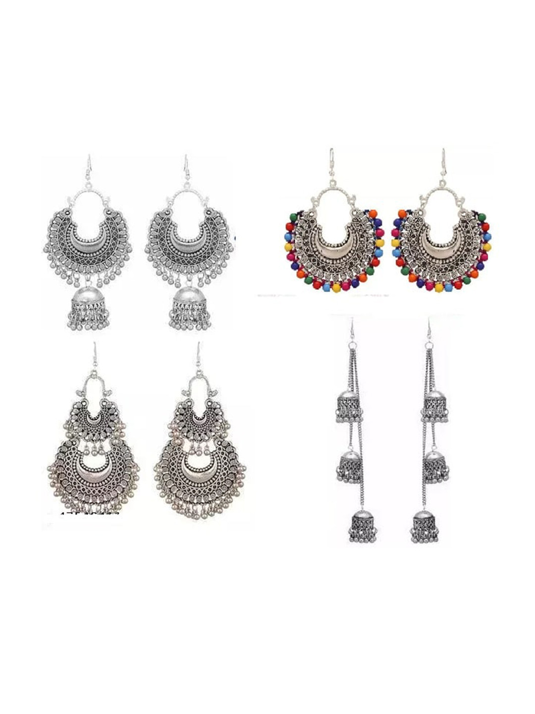 

Samridhi DC Set Of 4 Silver-Plated Oxidised Contemporary Chandbalis Earrings