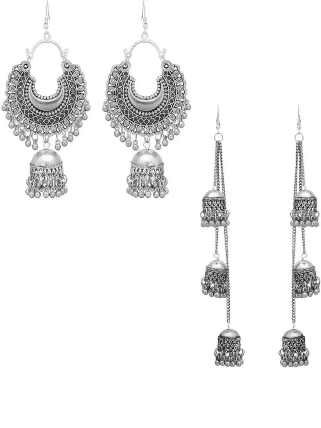 

Samridhi DC Set Of 2 Silver-Plated Oxidised Contemporary Jhumkas Earrings