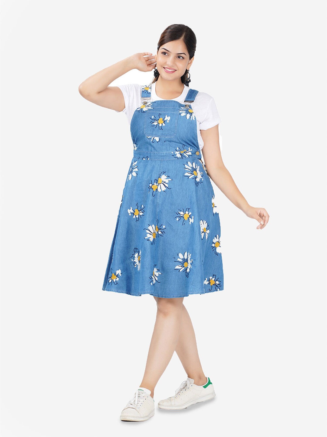 

SUMAVI-FASHION Floral Printed Denim Pinafore Dress, Blue