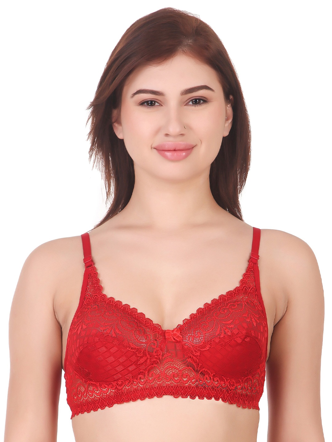 

Piylu Floral Lace Full Coverage Non-Padded Non-Wired Lycra Bralette Bra, Red