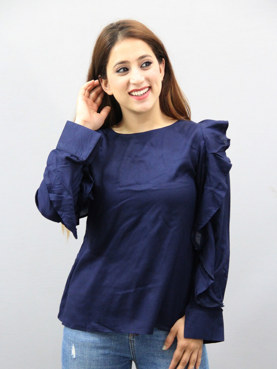 

CRAZEVILLA Round Neck Ruffled Top, Blue
