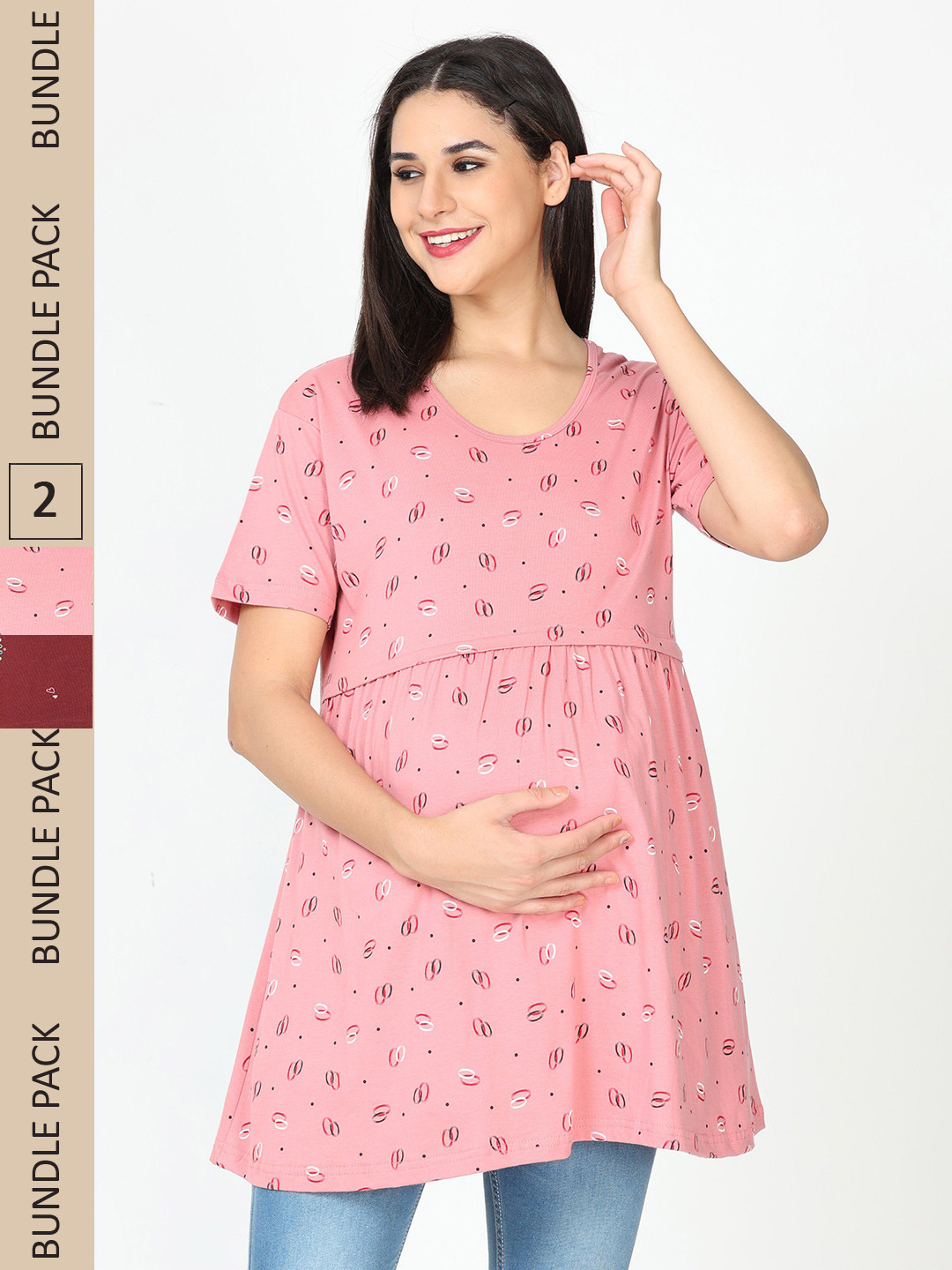 

9shines Label Pack Of 2 Geometric Printed Pure Cotton A-Line Maternity Top, Pink