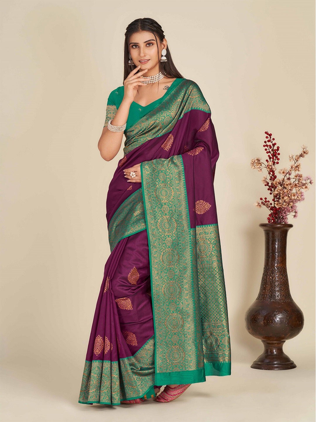 

ZIKARAA Ethnic Motif Zari Pure Silk Banarasi Saree, Purple