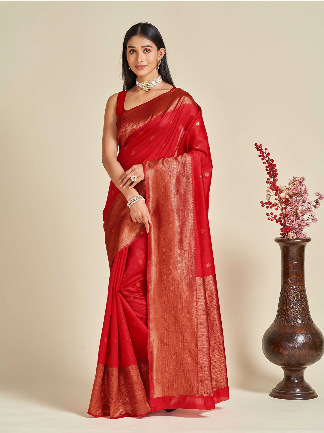 

ZIKARAA Ethnic Motif Zari Pure Silk Banarasi Saree, Red