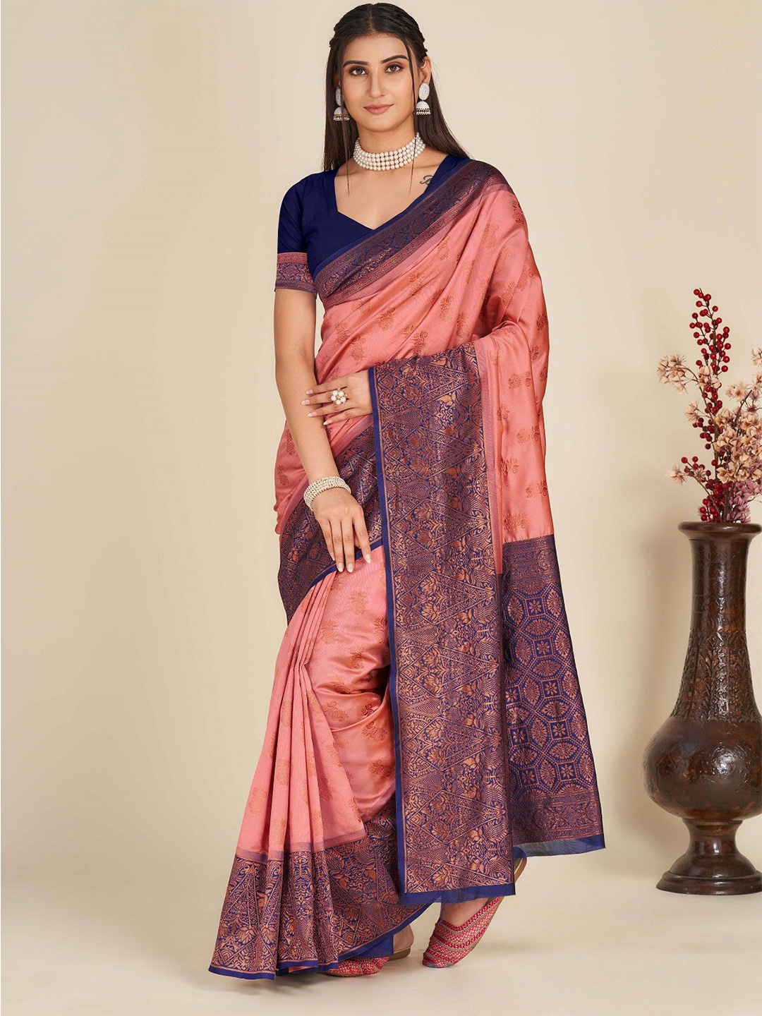 

ZIKARAA Ethnic Motif Zari Pure Silk Banarasi Saree, Peach