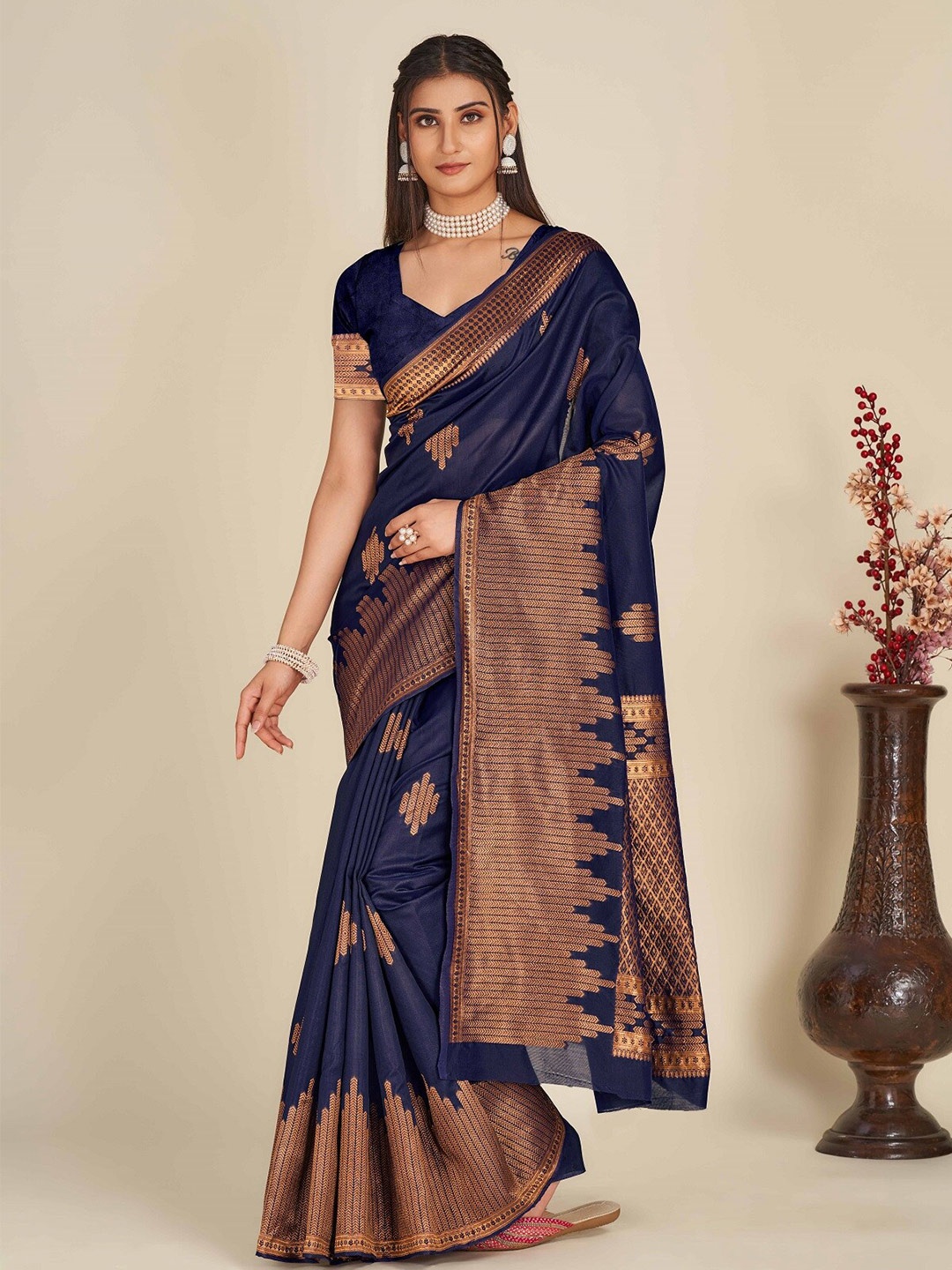 

ZIKARAA Ethnic Motif Woven Design Zari Pure Silk Banarasi Saree, Navy blue