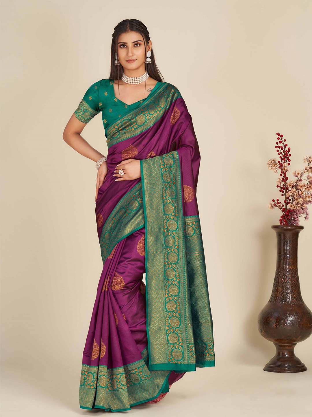 

ZIKARAA Floral Zari Pure Silk Banarasi Saree, Purple